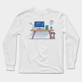 Table, Monitor, Mouse, Speaker, Plant, Calendar, Cup, And Chair Cartoon Long Sleeve T-Shirt